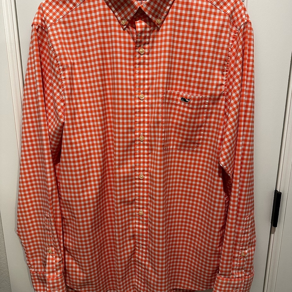 Vineyard Vines Men's Orange Gingham Button Down Shirt